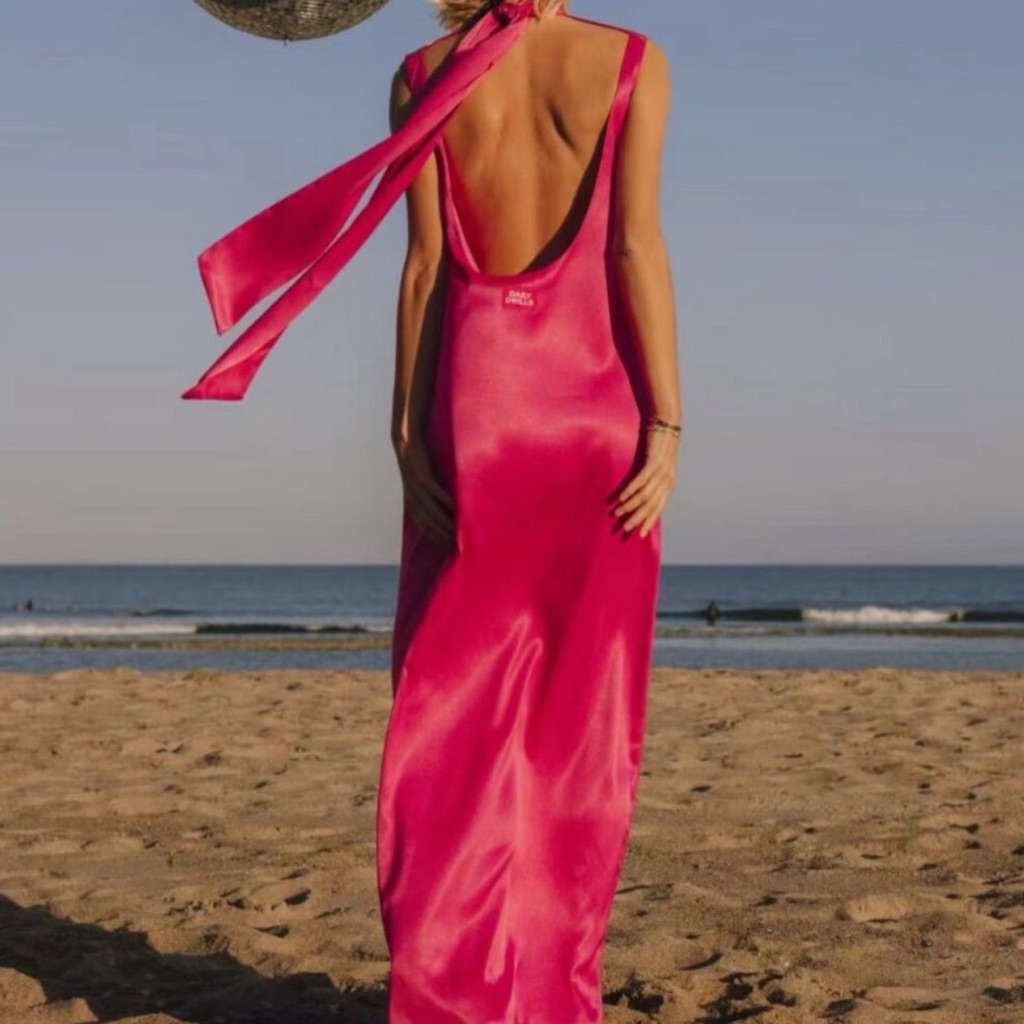 Daily Drills Silky Maxi Dress Gown With Neck Tie In Hot Pink Size L